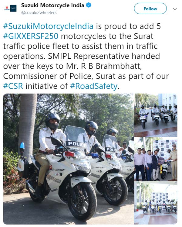 अब सूरत पुलिस करेगी सुजुकी की बाइक से शहर की निगरानी, कंपनी ने भेंट की पांच जिक्सर एसएफ 250 बाइक
