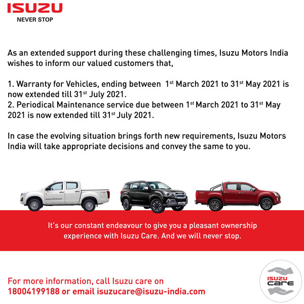 Isuzu Extends Warranty And Service: इसुजु मोटर्स इंडिया ने वारंटी व सर्विस पीरियड 31 जुलाई तक बढ़ाया गया