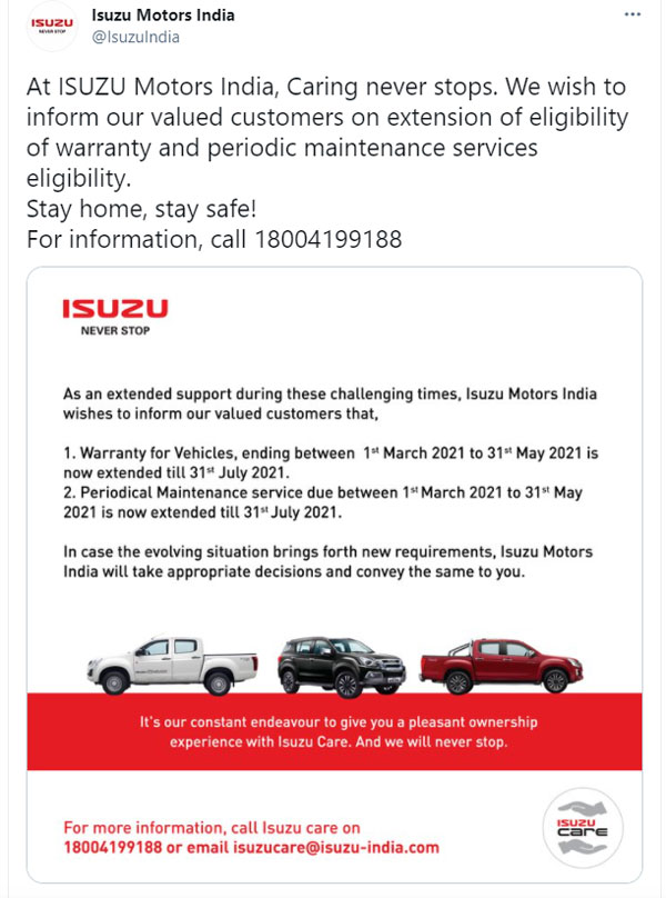 Isuzu Extends Warranty And Service: इसुजु मोटर्स इंडिया ने वारंटी व सर्विस पीरियड 31 जुलाई तक बढ़ाया गया