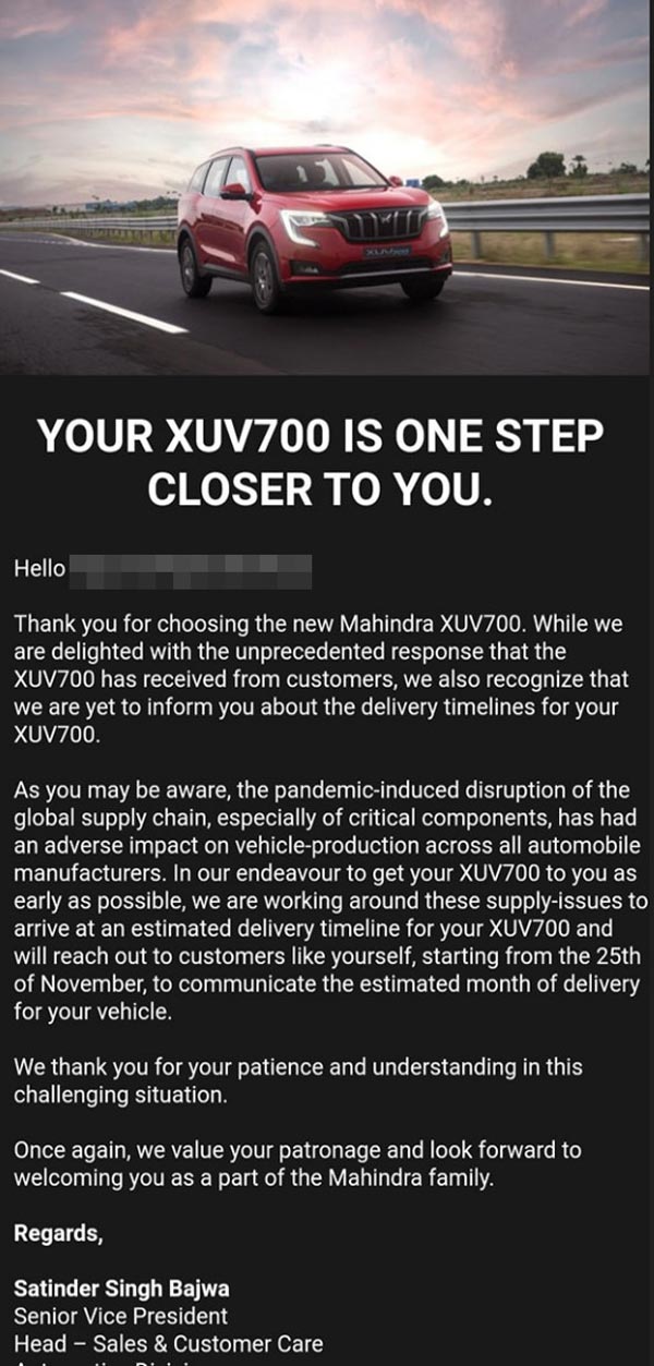 Mahindra XUV700 के अगले बैच की डिलीवरी 25 नवंबर से होगी शुरू, कंपनी ने दी जानकारी