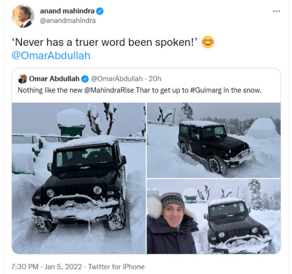 Mahindra Thar के साथ बर्फीली सड़कों पर दिखे Omar Abdullah, Anand Mahindra ने की प्रशंसा