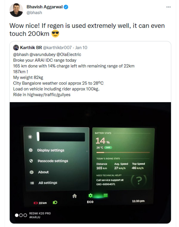 Ola S1 Pro से यूजर को मिली 187 किमी की रेंज, प्रमाणित रेंज से 22 किमी ज्यादा चली स्कूटर