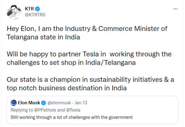 तेलंगाना के मंत्री, Elon Musk से करना करना चाहते हैं साझेदारी, Twitter पर किया आमंत्रित