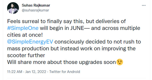 Simple One इलेक्ट्रिक स्कूटर की डिलीवरी जून 2022 से होगी शुरू, अब तक मिली 30,000 से अधिक बुकिंग