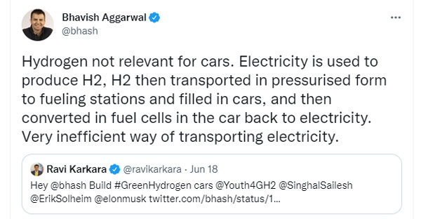 ओला के सीईओ ने कहा- हाइड्रोजन कारें नहीं हैं बेहतर विकल्प, चलाने का खर्च है अधिक