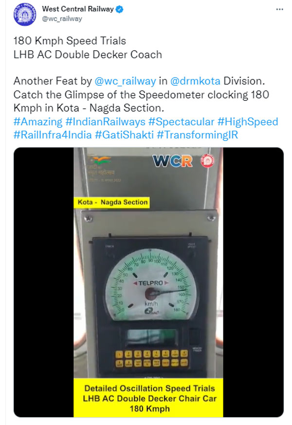 180 किमी/घंटा की रफ्तार पर टेस्ट हुआ AC डबल डेकर कोच, रेलवे ने जारी किया टेस्टिंग का वीडियो